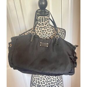 Kate Spade Black Nylon Large Tote Shoulder Bag Side Pockets Purse Brass Leather